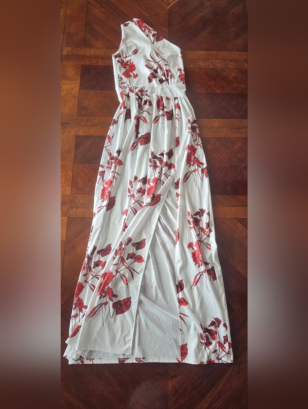 Red and White Ruched One Shoulder Sundress